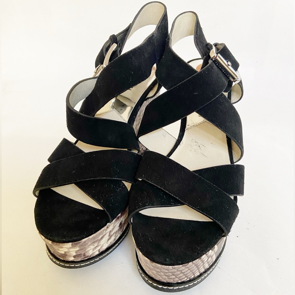 Michael Kors Black Suede Celia Wedge/Platform Sandals Snake Print Heel Size 7 - Picture 8 of 10